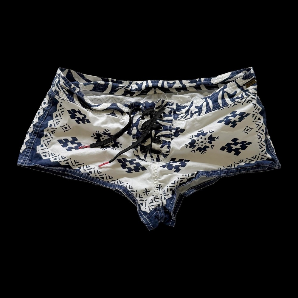 Y2K Roxy Womens Board Shorts XS Blue Tribal Geometric Lace Up Cotton Swim Surf